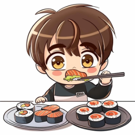 anime chibi cartoon boy eating sushi