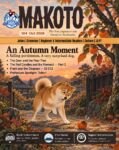 Makoto #104 cover: a Shiba dog startled by a falling persimmon on an autumn evening