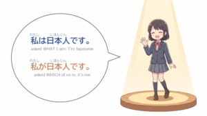 A student on a stage under a spotlight, with a speech bubble reading 私は日本人です and 私が日本人です
