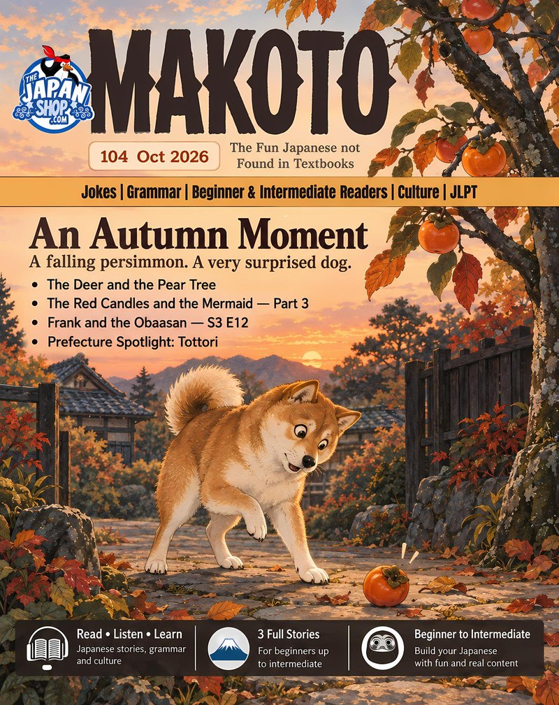Makoto #104 cover: a Shiba dog startled by a falling persimmon on an autumn evening